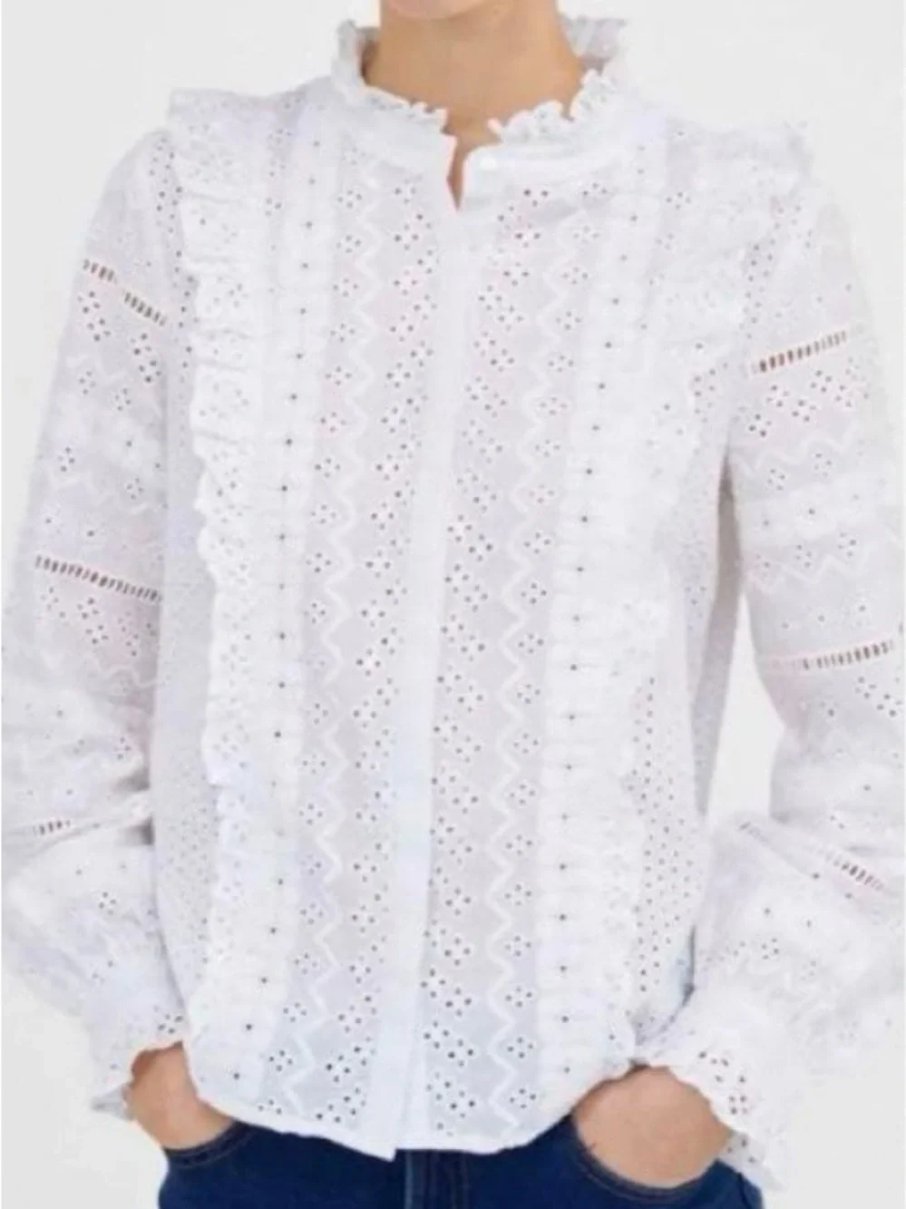 Sezane Inspired Zara Premium White Eyelet Lace Blouse S